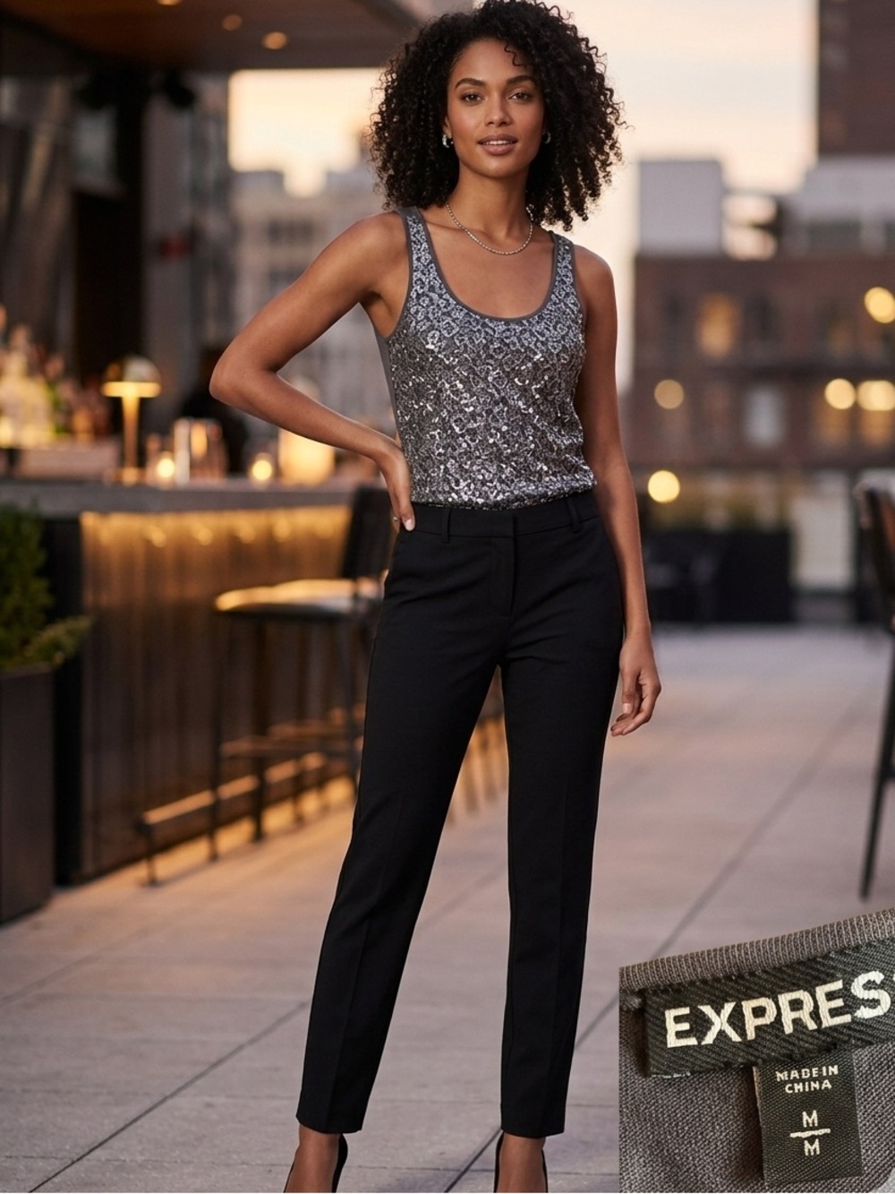 Express Sequin Tank Top Medium M Charcoal Silver Metallic Beaded Sparkle Cami